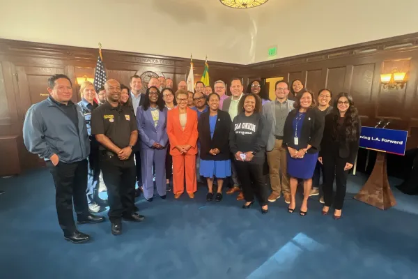 Press conference group photo with Mayor Karen Bass