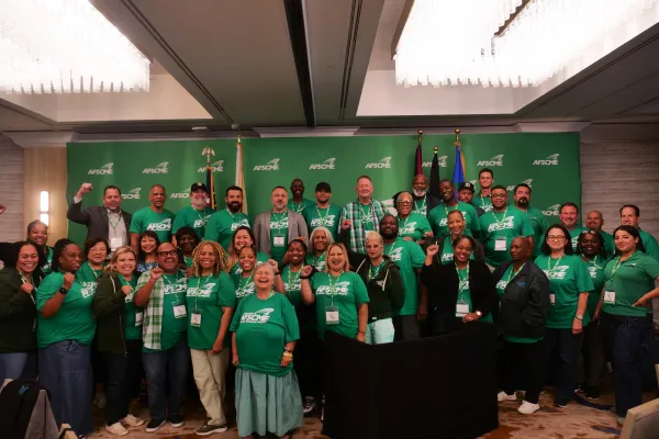 Group photo of AFSCME District Council 36 members at the AFSCME CA PEOPLE gubernatorial candidate forum