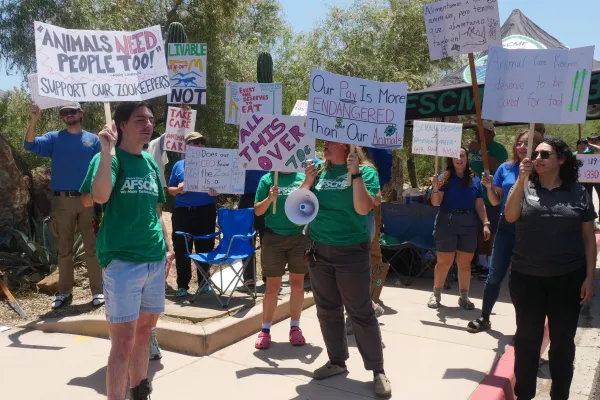 Members of The Living Desert Animal Care Union chanting at a picket