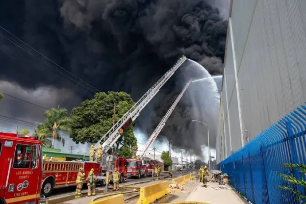Firefighters put out the fire at the Lineage Warehouse in Boyle Heights, CA