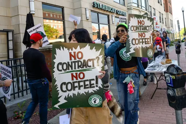 Protestors outside of a Starbucks