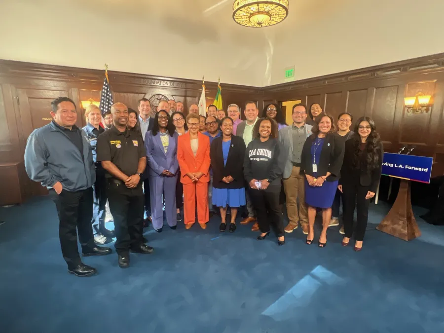 Press conference group photo with Mayor Karen Bass