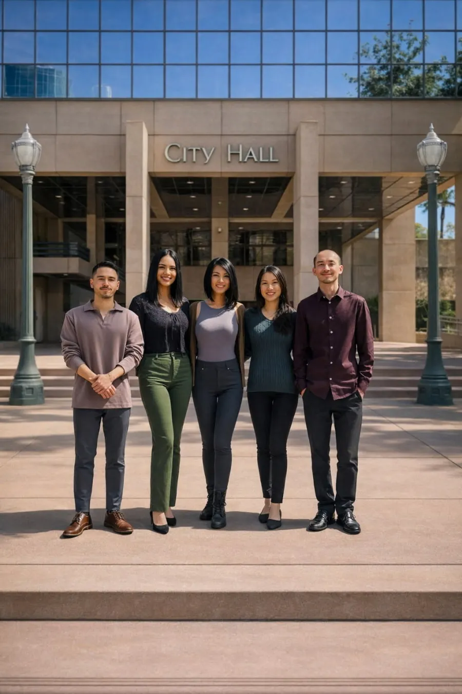 Four members of AFSCME Local 2002 stand outside Anaheim City Hall