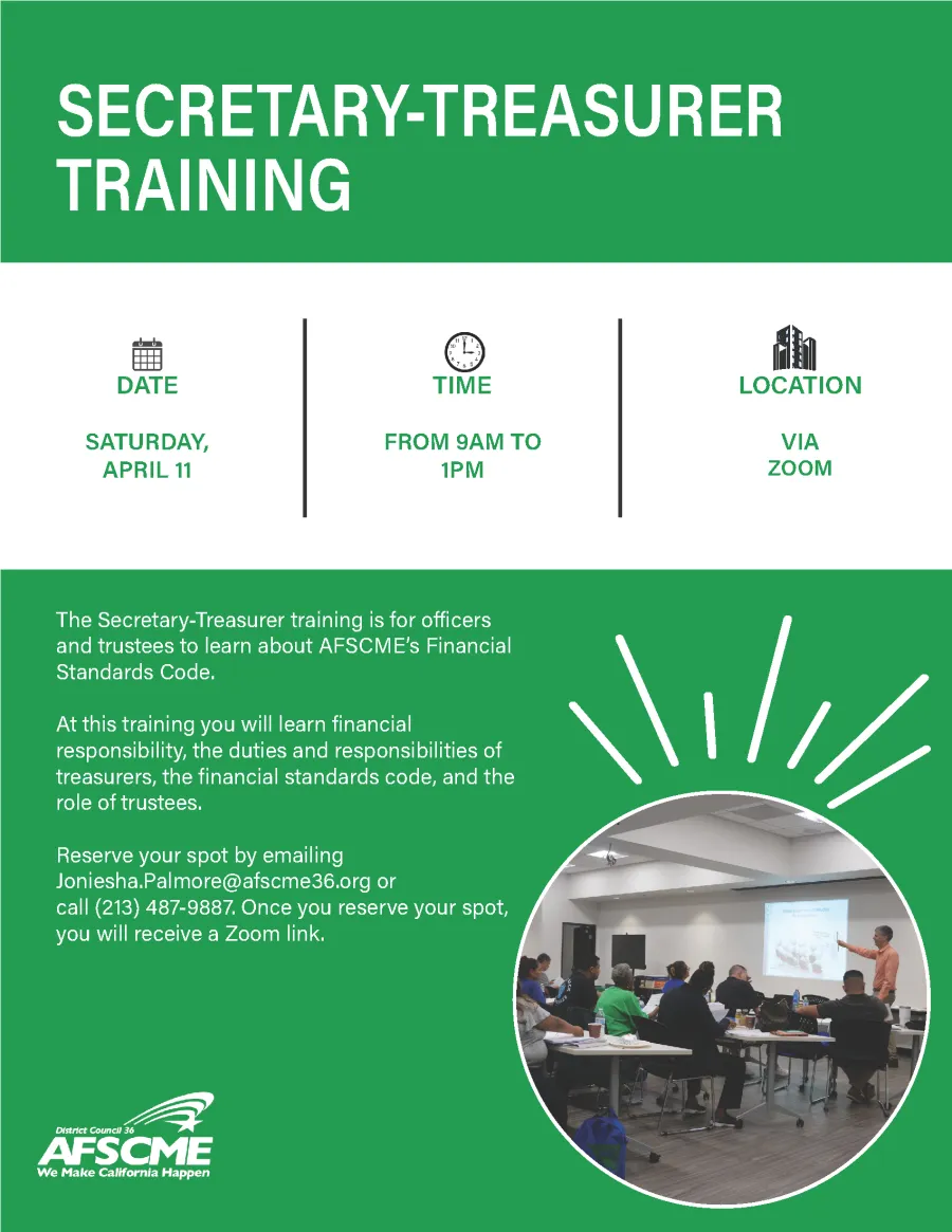 Flyer for Secretary-Treasurer Training on April 11