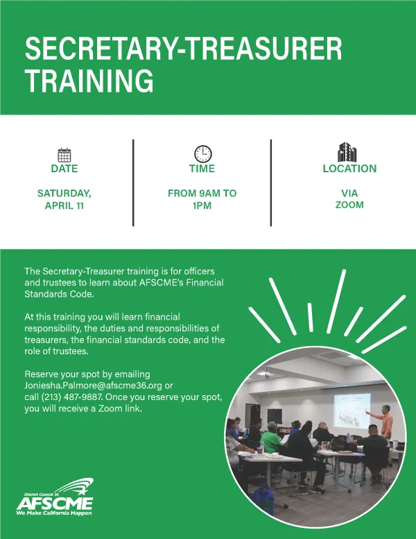 Flyer for Secretary-Treasurer Training on April 11